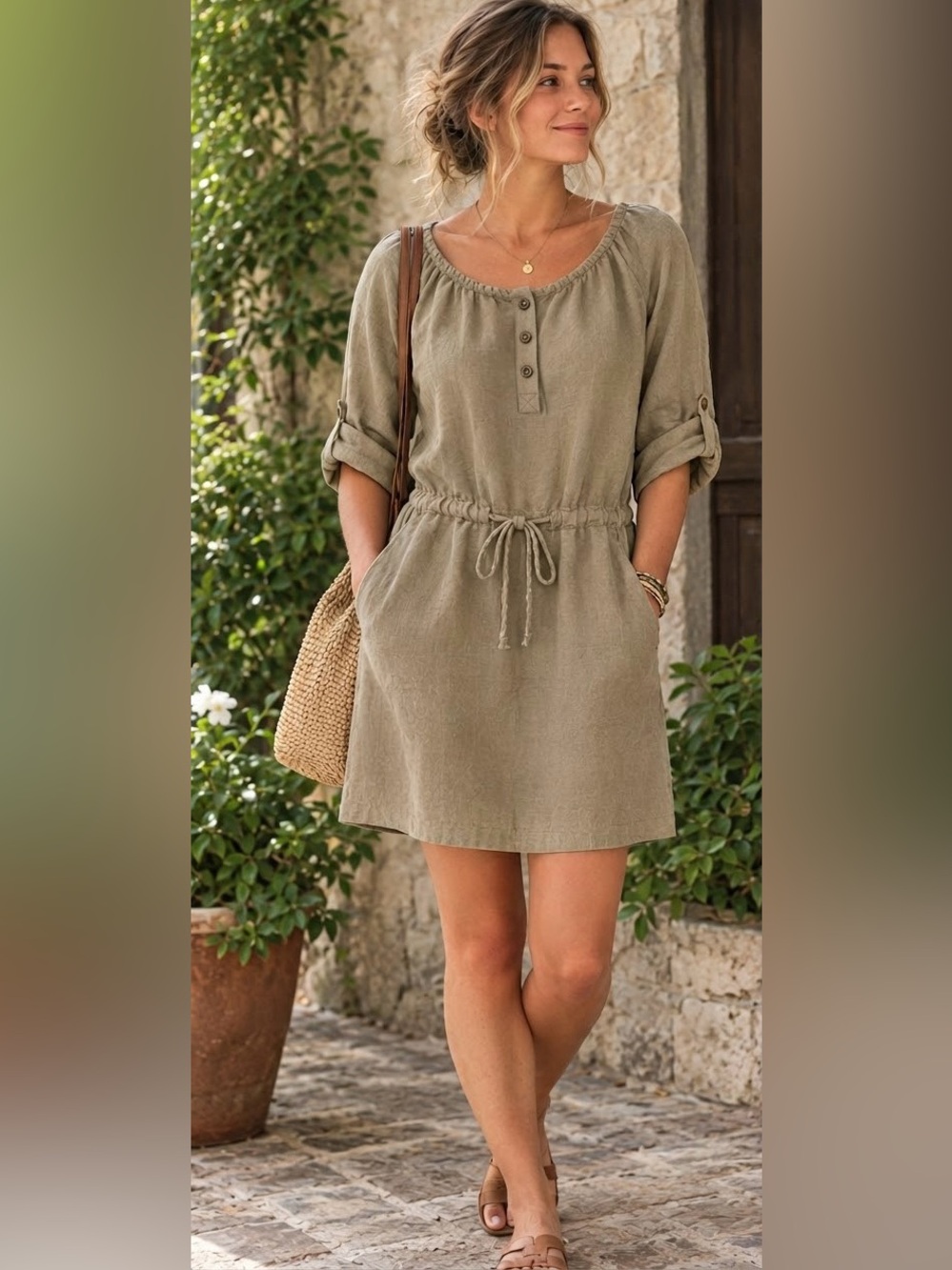 Chapter One Linen Blend Neutral Basic Olive Drawstring Tunic Dress Size 14